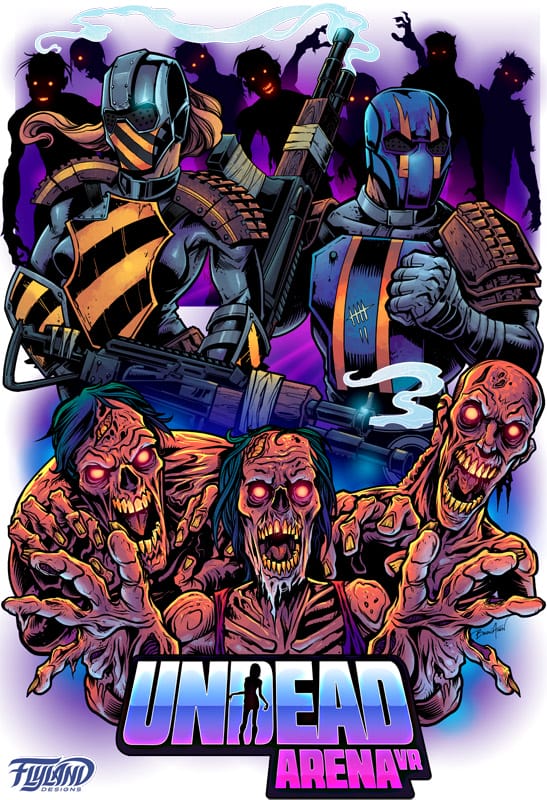 An illustration featuring soldiers dressed in heavy metal armor who are fighting off a hoard of zombies with guns and other cool weapons.