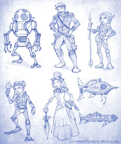 Deep sea diver Steampunk family character design and robots