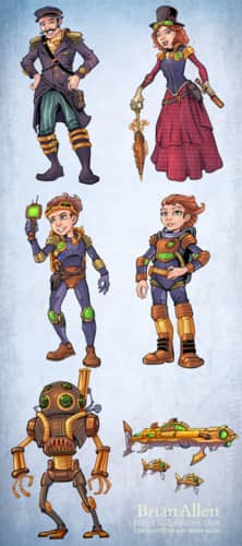 Deep sea diver Steampunk family character design and robots