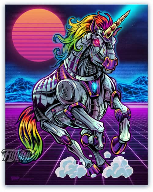 A full color illustration of a robotic, laser shooting, unicorn. running across an 80 vector background.