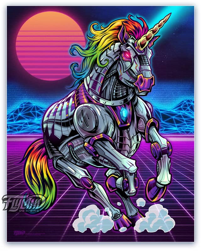 A full color illustration of a robotic, laser shooting, unicorn. running across an 80 vector background.