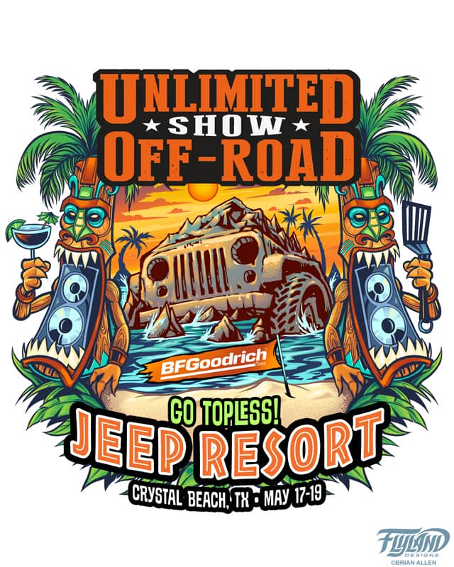 I was fortunate recently to work with Unlimited Off-Road, a huge jeep and off-roading event, to design their new logo for their Spring event in Texas.  They liked my beach and Tiki graphics, and we chose to create a rocky tropical island in the shape of a