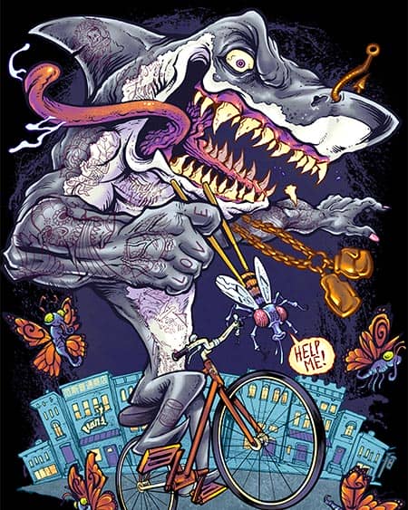 Crazy shark riding a bike in the