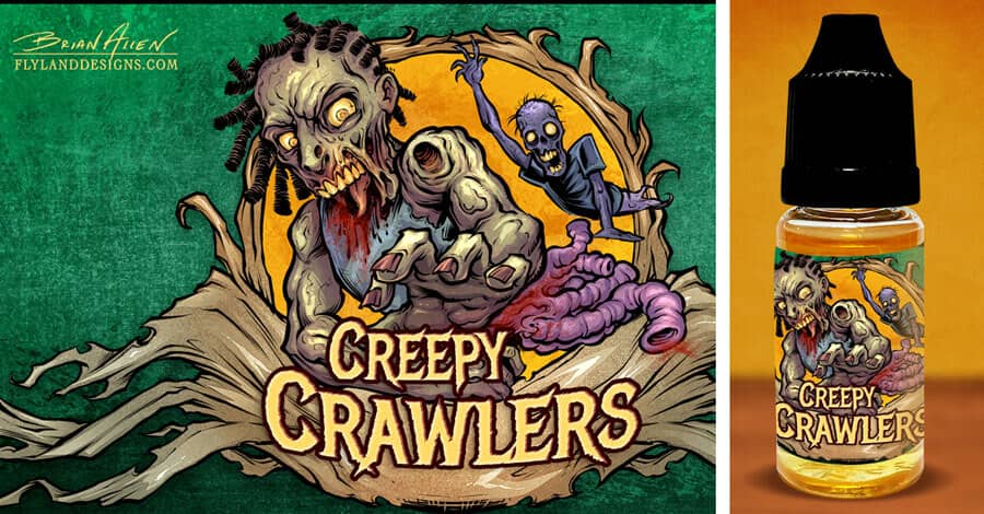 Zombie label illustrations I created for Vaping Sisters' new line of eJuice flavors. This one features a zombie with dreadlocks, reaching out a hand while his intestines are busting out of his side. Text reads "Creepy Crawlers"
Designed by Brian Allen, Flyland Designs