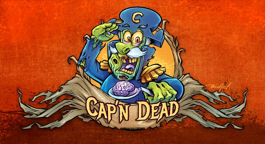 Zombie label illustrations I created for Vaping Sisters' new line of eJuice flavors. This one features a zombie dressed as Cap'n Crunch and he is holding a brain on a spoon. Text reads "Cap'n Dead"
Designed by Brian Allen, Flyland Designs