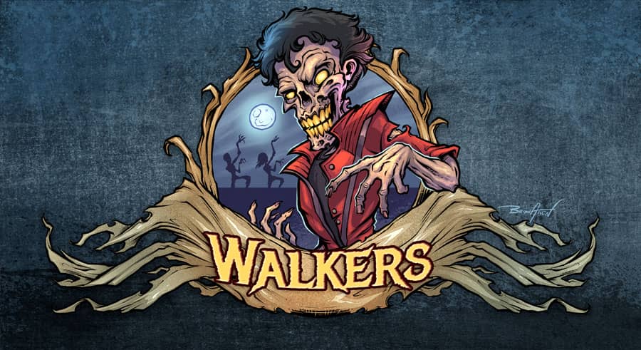 Zombie label illustrations I created for Vaping Sisters' new line of eJuice flavors. This one features a zombie in dressed as Michael Jackson for his 'Thriller' video with two zombies behind him doing the iconic dance. Text reads "Walkers"
Designed by Brian Allen, Flyland Designs