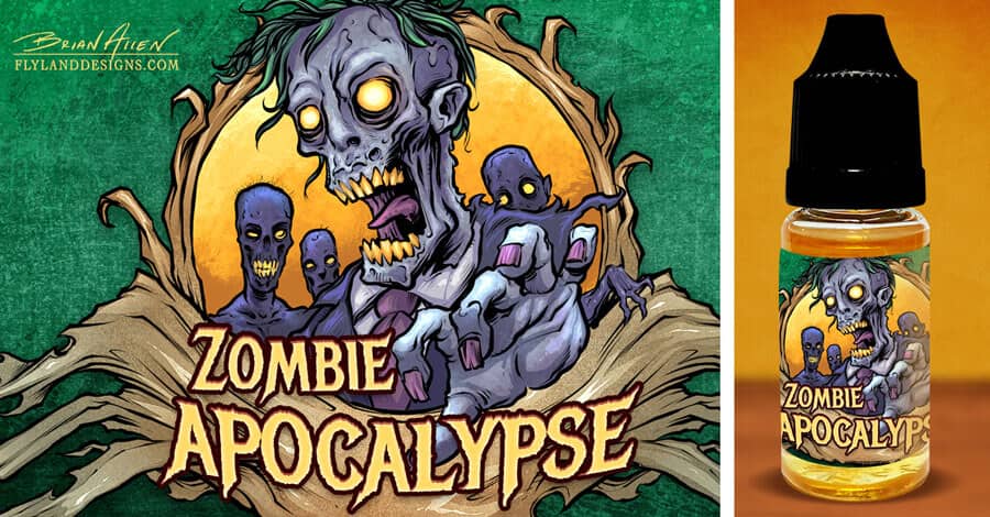 Zombie label illustrations I created for Vaping Sisters' new line of eJuice flavors. This one features a zombie in a business suit with his hand outstretched and other zombies behind him. Text reads "Zombie Apocalypse"
Designed by Brian Allen, Flyland Designs