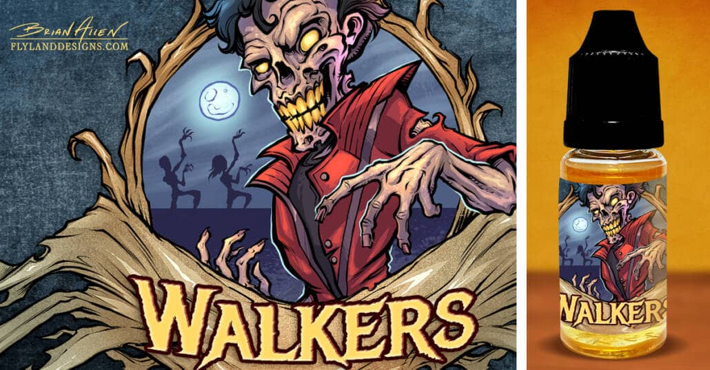 Zombie label illustrations I created for Vaping Sisters' new line of eJuice flavors. This one features a zombie in dressed as Michael Jackson for his 'Thriller' video with two zombies behind him doing the iconic dance. Text reads "Walkers"
Designed by Brian Allen, Flyland Designs