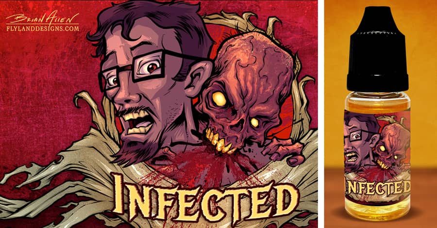 Zombie label illustrations I created for Vaping Sisters' new line of eJuice flavors. This one features a human wearing glasses being bitten on the shoulder by a zombie with glowing yellow eyes and sharp yellow teeth, spraying blood everywhere. Text reads "Infected"
Designed by Brian Allen, Flyland Designs