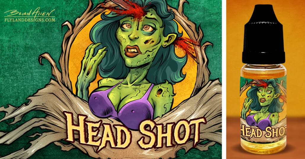 Zombie label illustrations I created for Vaping Sisters' new line of eJuice flavors. This one features a female zombie in a purple bikini top with a bullet going through her head, spraying blood. Text reads "Head Shot"
Designed by Brian Allen, Flyland Designs