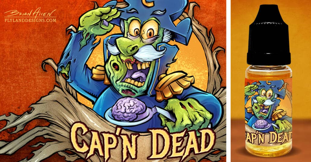 Zombie label illustrations I created for Vaping Sisters' new line of eJuice flavors. This one features a zombie dressed as Cap'n Crunch and he is holding a brain on a spoon. Text reads "Cap'n Dead"
Designed by Brian Allen, Flyland Designs