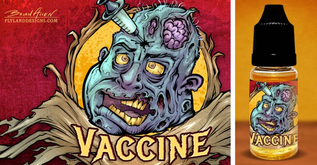Zombie label illustrations I created for Vaping Sisters' new line of eJuice flavors. This one features a zombie in a with a syringe sticking out of his forehead and part of his brain exposed. Text reads "Vaccine"
Designed by Brian Allen, Flyland Designs