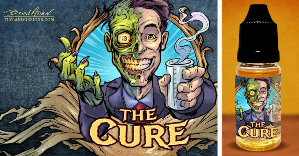 Zombie label illustrations I created for Vaping Sisters' new line of eJuice flavors. This one features a zombie in a business suit with half of his body decaying and the other half still human. He is holding a smoking test tube in one hand. Text reads "The Cure"
Designed by Brian Allen, Flyland Designs