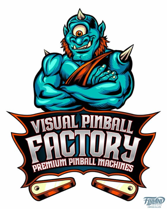 A logo designed featuring a teal cyclops for Visual Pinball Factory.