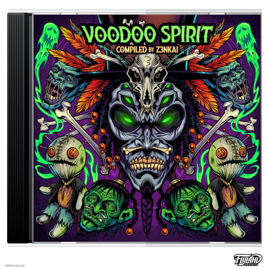 An album cover illustration of a voodoo character surrounded by shrunken heads and voodoo dolls, drawn by artist Brian Allen