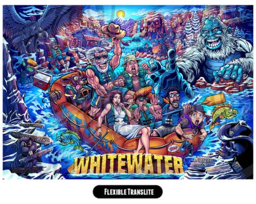 Illustation of a Yeti and people on a raft drawn for the White Water Pinball machine Translite and Acrylic Backglass by Williams for Translites and Side Blades for the Winter Modded version of the game