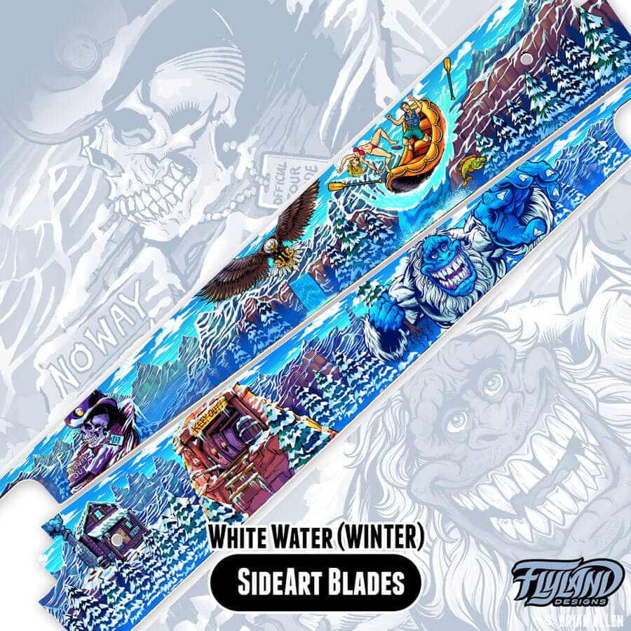 Illustation of a Yeti and people on a raft drawn for the White Water Pinball machine Side Blades Williams for Translites and Side Blades for the Winter Modded version of the game