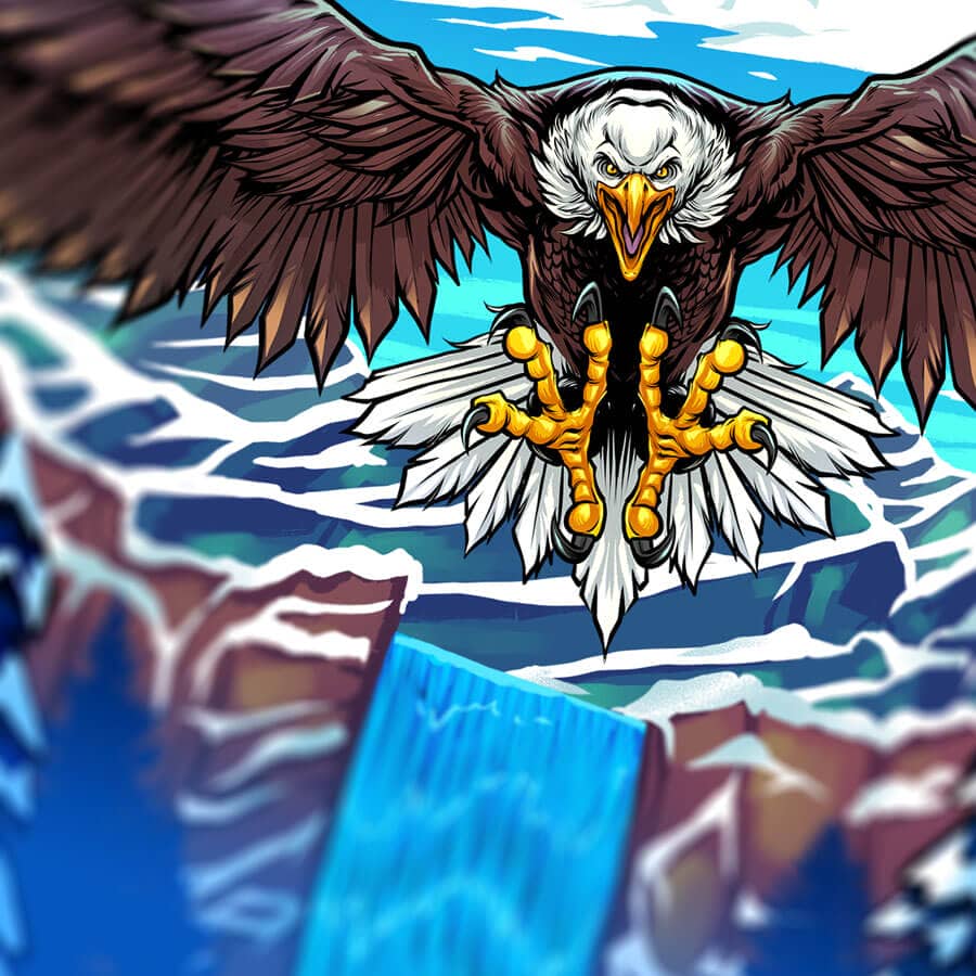 Illustation of a Yeti and people on a raft drawn for the White Water Pinball machine Side Blades Williams for Translites and Side Blades for the Winter Modded version of the game