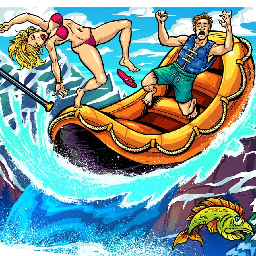 Illustation of a Yeti and people on a raft drawn for the White Water Pinball machine Side Blades Williams for Translites and Side Blades for the Winter Modded version of the game