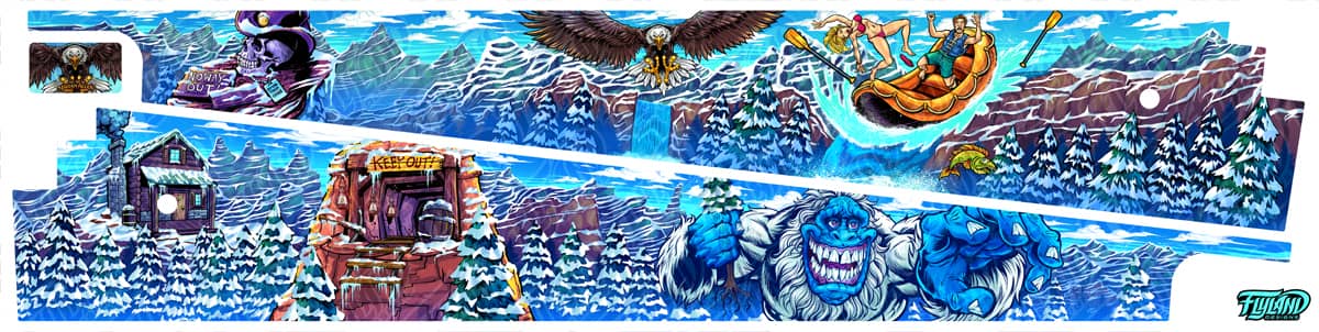 Illustation of a Yeti and people on a raft drawn for the White Water Pinball machine Side Blades Williams for Translites and Side Blades for the Winter Modded version of the game