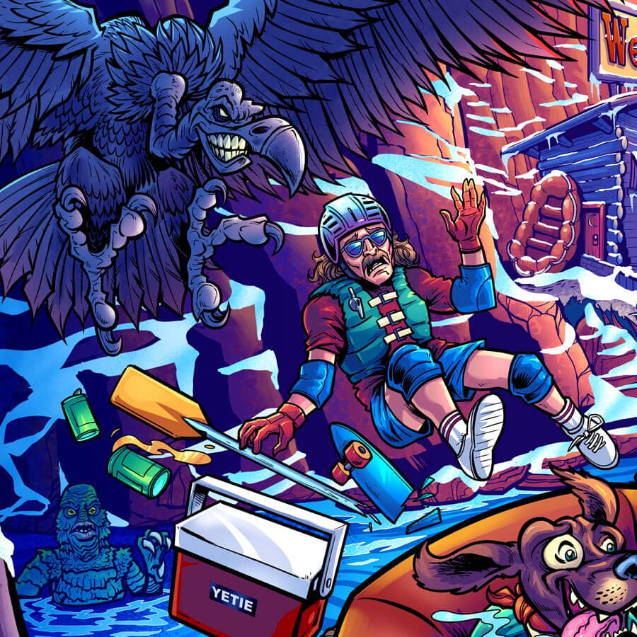 Illustation of a Yeti and people on a raft drawn for the White Water Pinball machine Translite and Acrylic Backglass by Williams for Translites and Side Blades for the Winter Modded version of the game