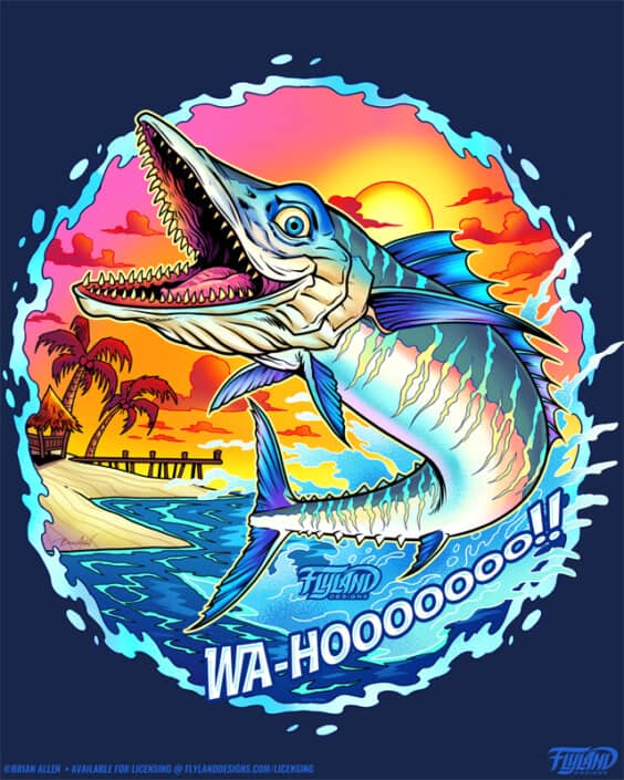 A blue wahoo fish is leaping out of the ocean at the beach during sunset, illustration by Brian Allen