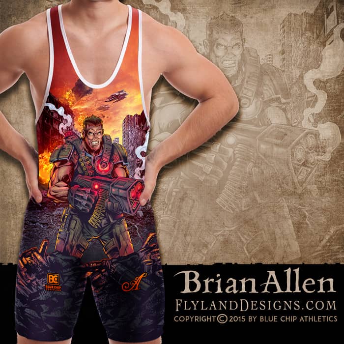 Futuristic soldier illustration for dye-sublimated wrestling singlets.