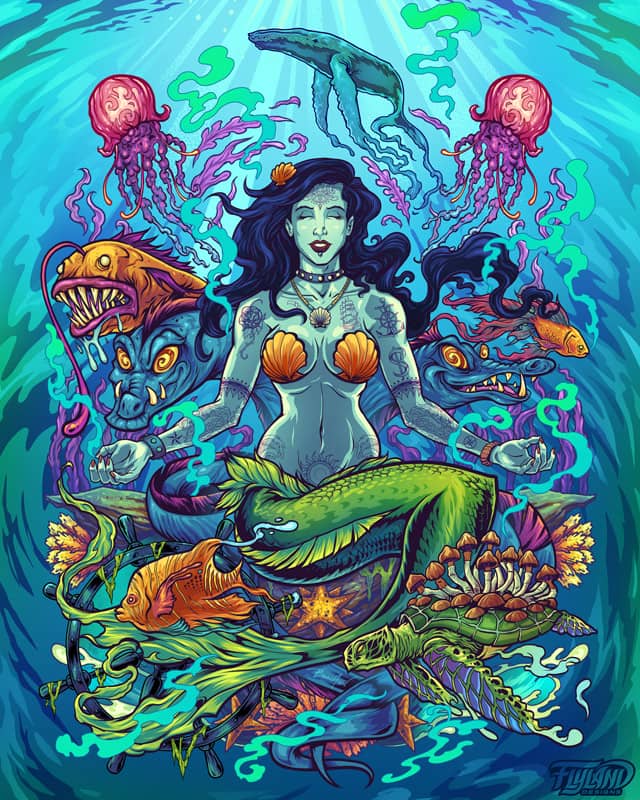 A mermaid with a green tail and orange seashell bra meditating. She is surrounded by her fishy ocean friends like sea turtles, jellyfish, a blue whale, and more.
Artwork by Brian Allen, Flyland Designs