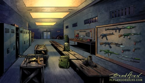 Warehouse and munitions room background illustrations for a website app game