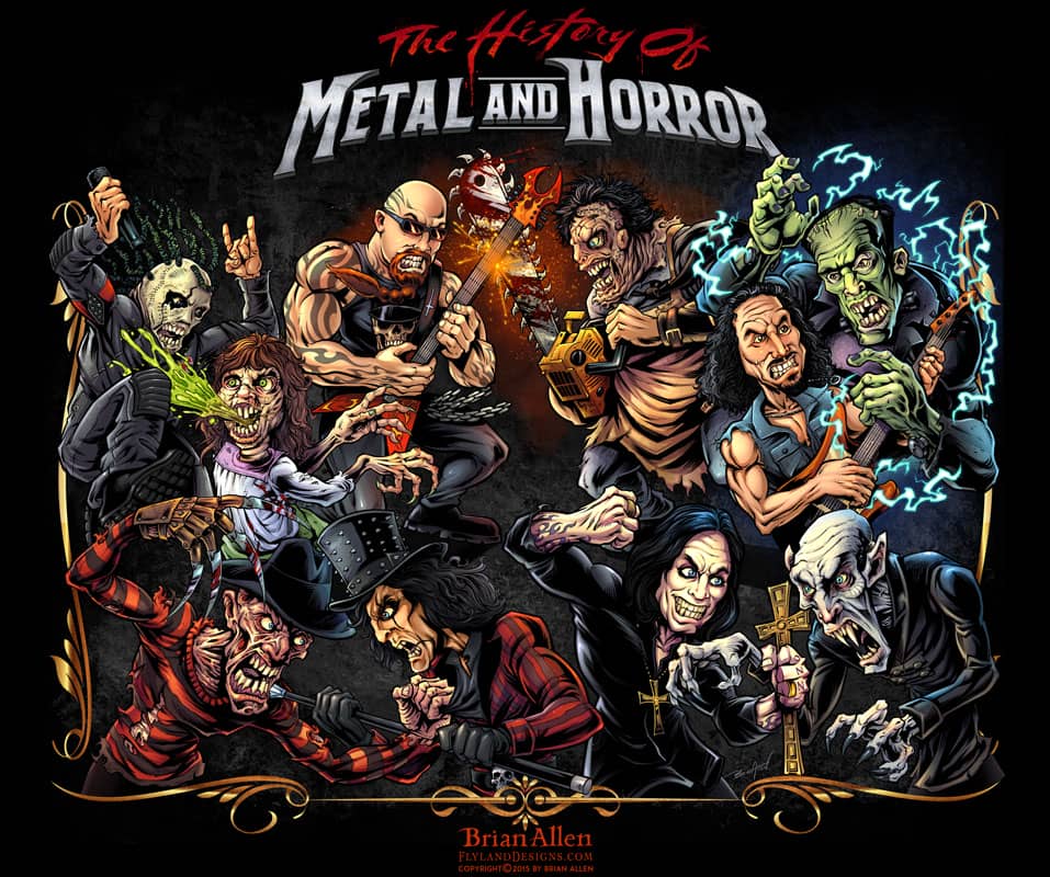 Dark detailed illustration of a epic battle between Freddy, Leatherface, Nosferatu, The Excorsist, Frankenstein, Kirk Hammet, Ozzy, Alice Cooper, Corey Taylor, and more.