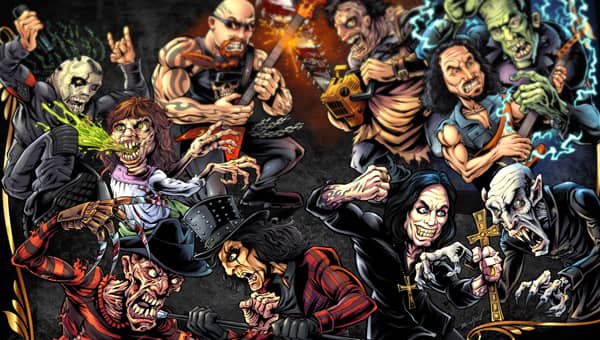 Dark detailed illustration of a epic battle between Freddy, Leatherface, Nosferatu, The Excorsist, Frankenstein, Kirk Hammet, Ozzy, Alice Cooper, Corey Taylor, and more.