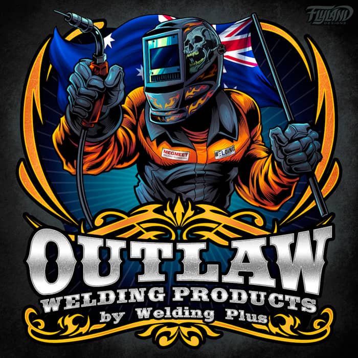 A logo I created of a man in an orange and black welding suit with a skull welding mask for the welding products line by welding plus.