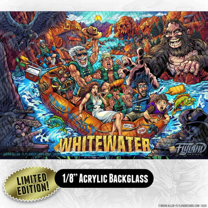 Alternate pinball artwork of Williams Whitewater that features the Creature from the Black Lagoon, the woman in the white dress from Attack From Mars, Dr. Dude, and a cameo from the No Good Gofers varmint as well as some outdoor movies, like Deliverance, and “The Great Outdoors.”