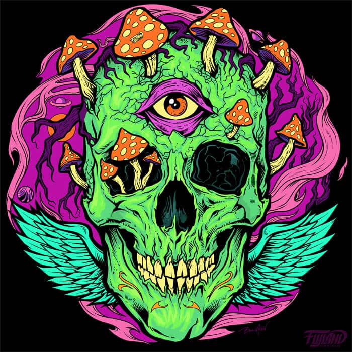 Colorful skull with wings and three eyes with mushrooms and roots sprouting from the inside of the skull. 