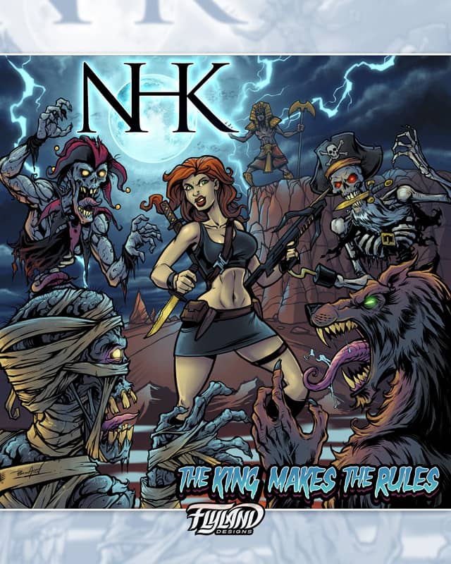 The band New Hong Kong hired me to illustrate their album cover for The King Makes The Rules, showing a bunch of evil monsters sparring with a young vampire hunter. The band wanted it to be creepy but still fun, so I kept the gore to a minimum and the colo