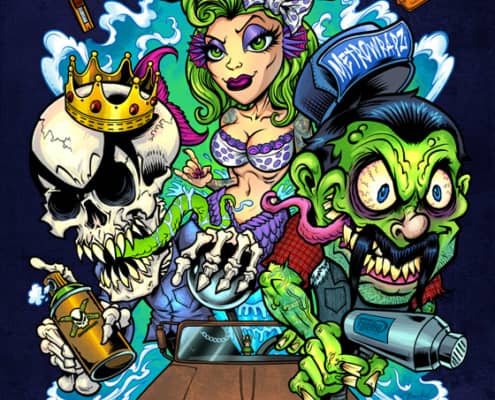 A shirt logo designed featuring a mermaid woman with green hair, a skeleton wearing a crown and using spray paint, and a monster mechanic.