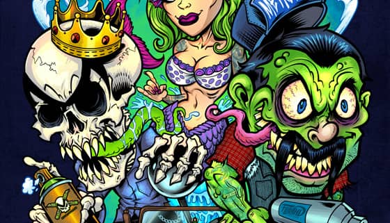 A shirt logo designed featuring a mermaid woman with green hair, a skeleton wearing a crown and using spray paint, and a monster mechanic.