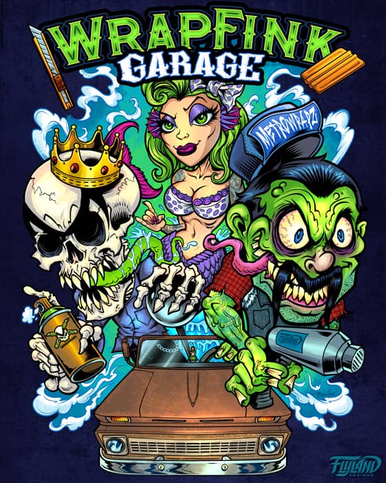 A shirt logo designed featuring a mermaid woman with green hair, a skeleton wearing a crown and using spray paint, and a monster mechanic.