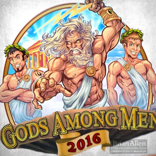 Zeus and lightning bolt men in togas