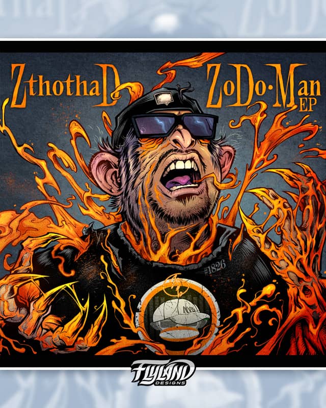 A man morphing into a monkey, covered by orange goo. He is wearing a black t-shirt, black sunglasses, and a black cap that is backwards. Text reads "ZthothaD Zodo Man"
Artwork by Brian Allen, Flyland Designs