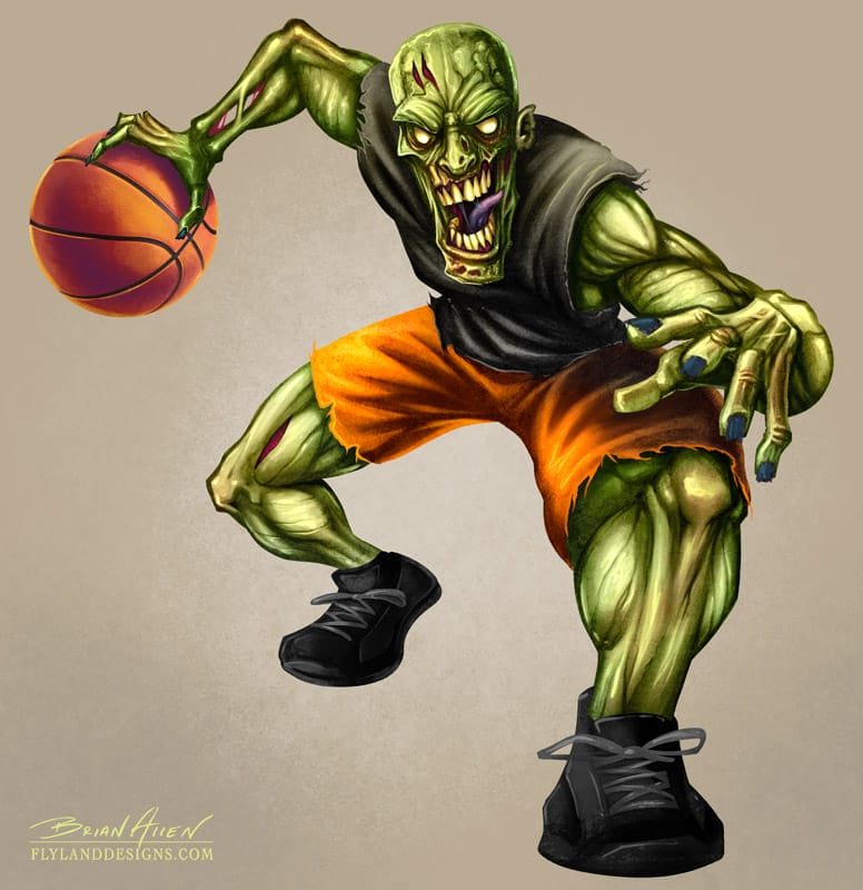 Mascot character design of a zombie basketball player