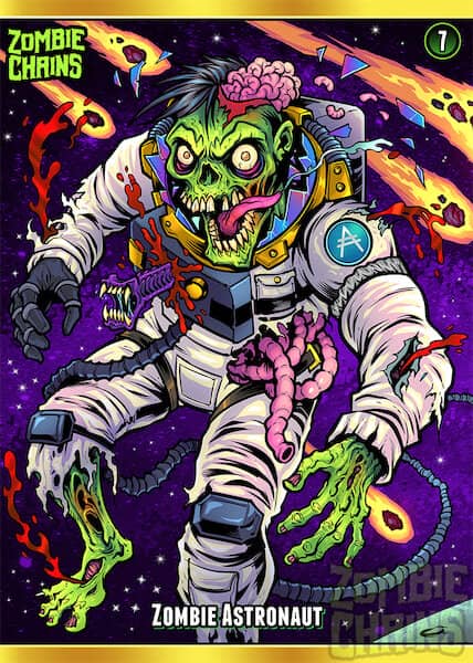 An astronaut zombie floating in space, surrounded by asteroids.
Artwork by Brian Allen, Flyland Designs