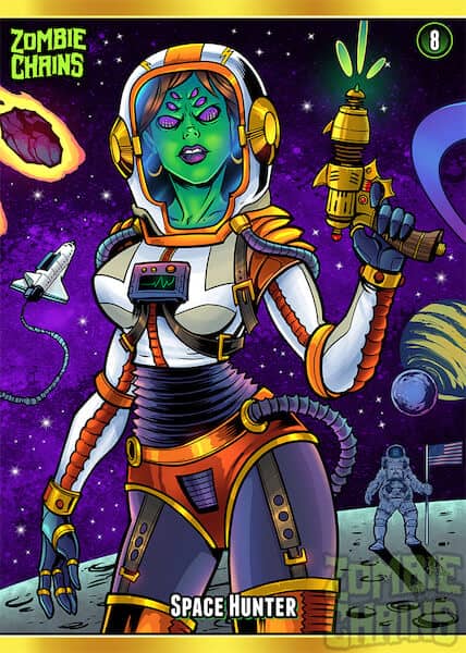 A female alien with green skin and 3 pairs of purple eyes. She is wearing a space suit and is standing on the moon.
Artwork by Brian Allen, Flyland Designs