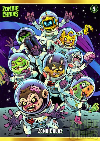 A zombie frog, zombie monkey, zombie dog, zombie parrot, zombie shark, and zombie stray cat all wearing space suits on the moon.
Artwork by Brian Allen, Flyland Designs