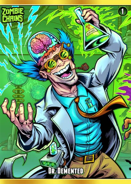 A male mad scientist holding a glowing greek flask that says "Z. Virus" on it.
Artwork by Brian Allen, Flyland Designs