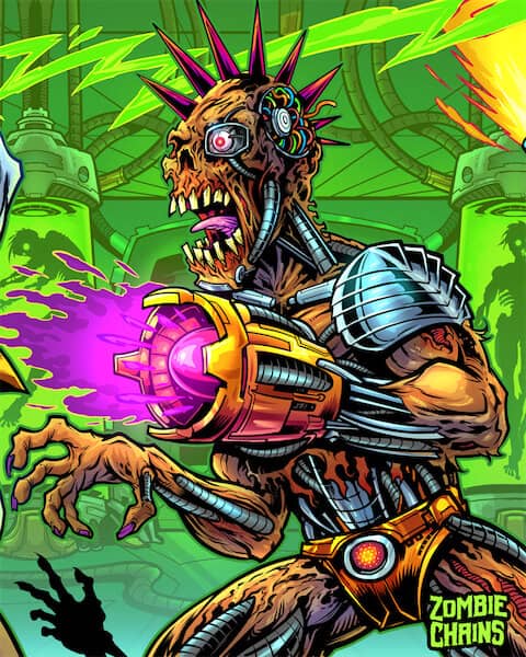 A zombified Terminator robot.
Artwork by Brian Allen, Flyland Designs