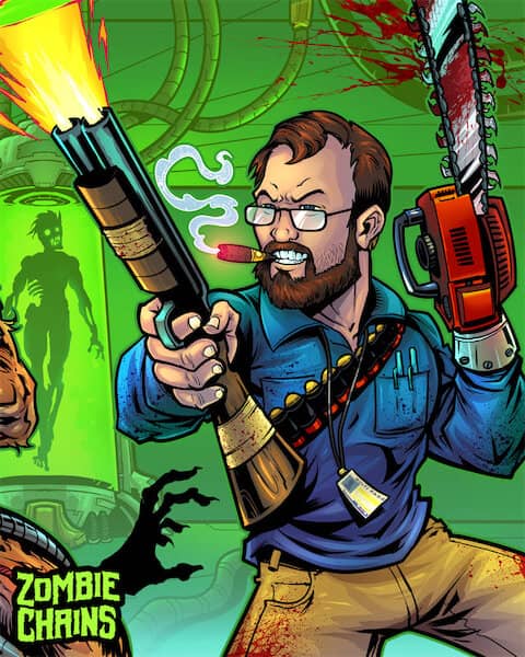 A male zombie fighter holding a shotgun with one hand. His other hand has been replaced by a chainsaw.
Artwork by Brian Allen, Flyland Designs