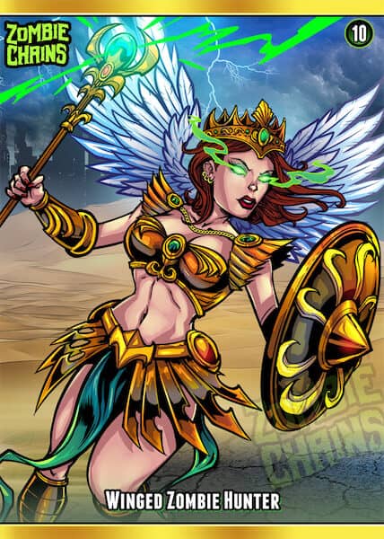 A super heroine wearing viking armor with angel wings. She has glowing green eyes and is holding a spear and shield.
Artwork by Brian Allen, Flyland Designs