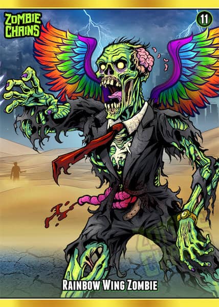 zombie wearing a business suit with rainbow wings on his back.
Artwork by Brian Allen, Flyland Designs