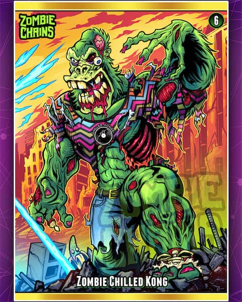 Zombie King Kong standing in the ruins of a city.
Artwork by Brian Allen, Flyland Designs